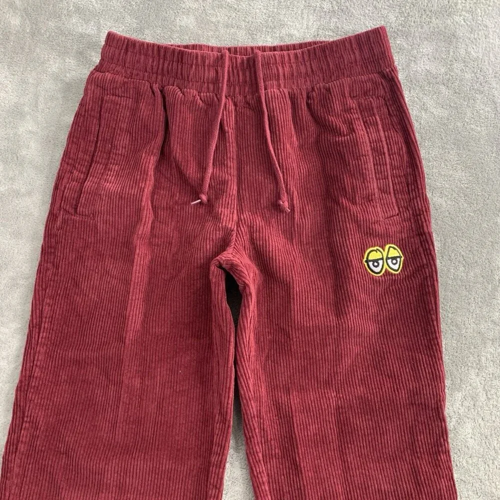 Krooked Skateboarding Pants Mens Small Maroon Corduroy Straight Leg Eyes Logo